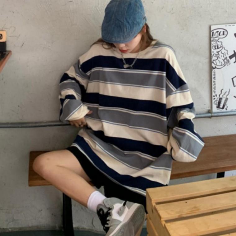 티셔츠 긴팔 라운드 스트라이프 캐주얼 레트로