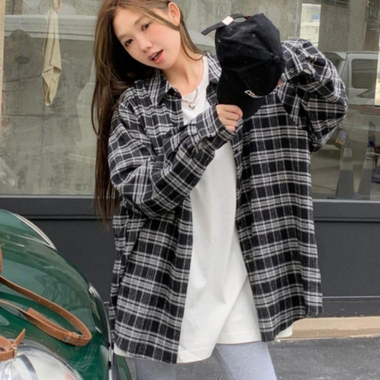 남방 긴팔 카라 여성 오버핏 캐주얼 체크 블랙