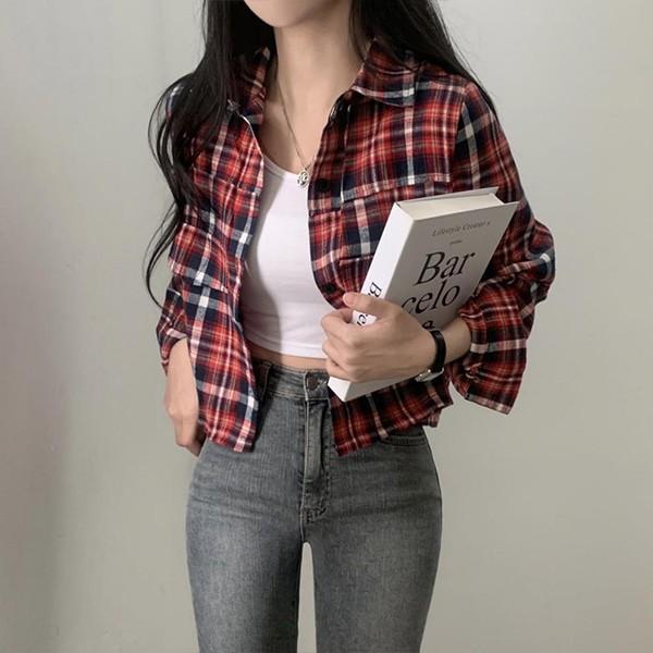 여성 레드 체크 셔츠 루즈핏 캐주얼 남친룩