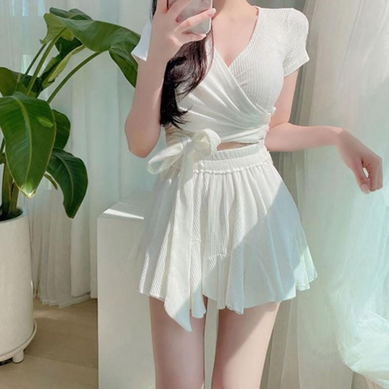 랩 여성 스커트 반팔 스커트 상하세트 투피스 수영복 화이트 블랙 랩 예쁜
