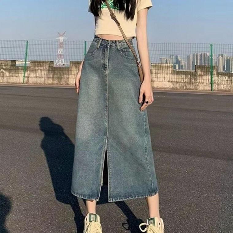 트임 밑단 롱 데님 슬릿 청치마 미디스커트 스커트 7부 슬릿스커트