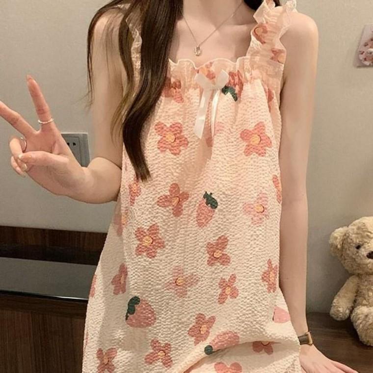 여자 여성 잠옷 내장 캡 파자마 원피스 나시 귀여운 나시 원피스 홈웨어