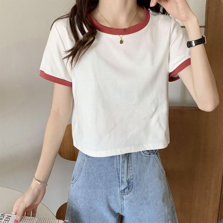 배색 크롭 반팔 티셔츠 하이틴 꾸안꾸 데일리룩