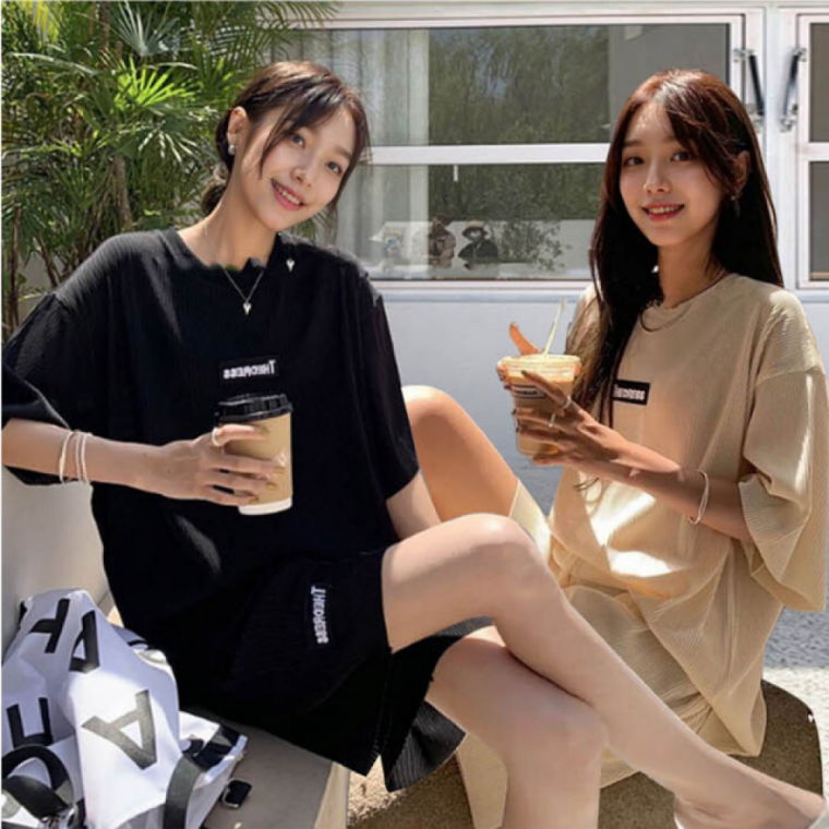 여성 골지 반팔반바지 투피스 세트 라운드넷 여름셋업