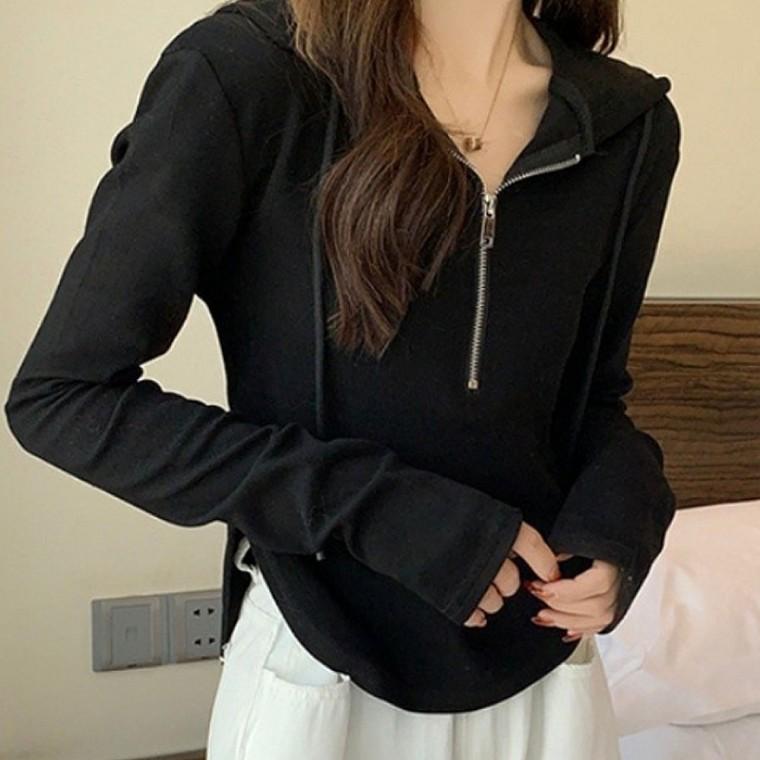 여성 캐주얼 후드티 루즈핏 반집업 긴팔티