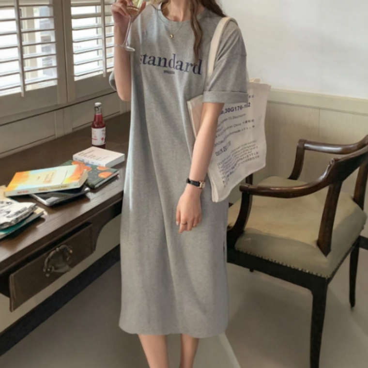 루즈핏 레터링 반팔 롱원피스 여성 캐주얼 홈웨어 데일리룩 여름 원피스