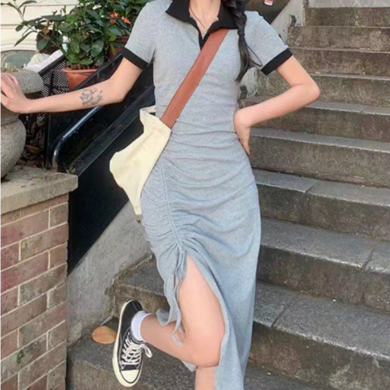 배색 포인트 카라 반팔 원피스 여성 옆셔링 슬림핏 여름 데일리룩