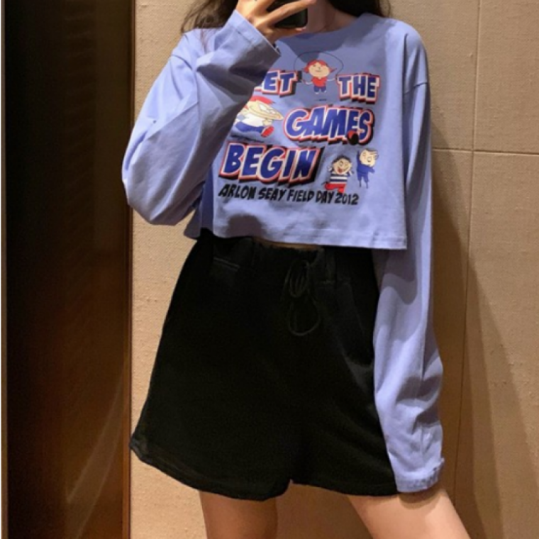 크롭 캐릭터 긴팔 티셔츠 여성용 귀여운 프린팅 루즈핏 데일리스타일