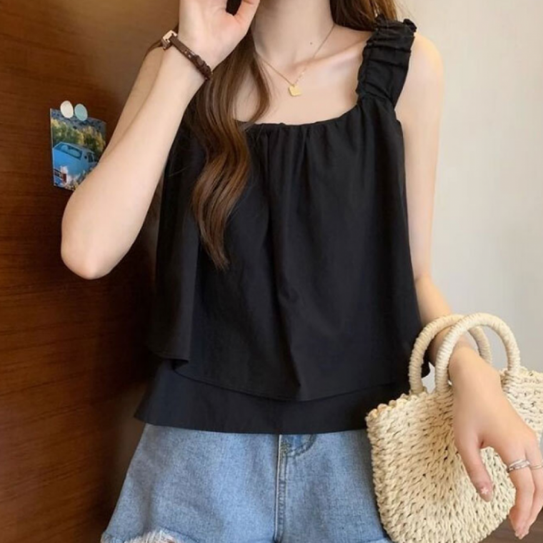 여성용 주름 숄더 크롭 민소매 블라우스 여름 데일리 시원한 트렌디 코디