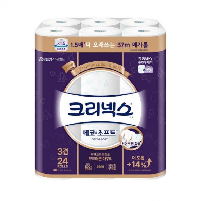 크리넥스 3겹 데코소프트 37m 24롤 메가롤 화장지 휴지