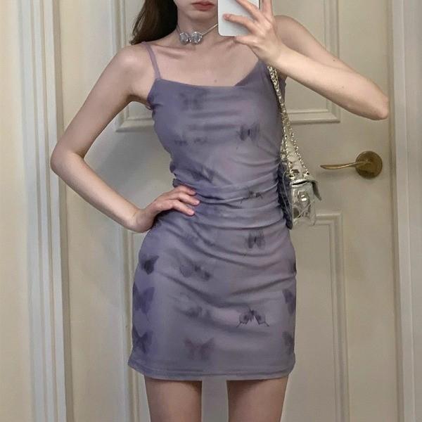 퍼플 셔링 나시 원피스 여름 휴가룩 롱 숏 2size 나비 탑 드레스