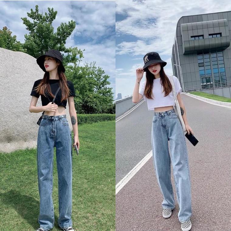 3단 허리 조절 와이드 하이웨스트 팬츠 데님 데님 여름 진