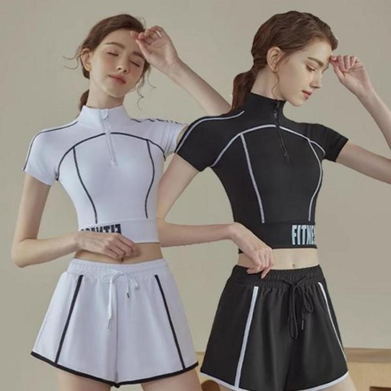 반팔 피트니스 크롭탑 운동복 스포츠커버업 스판 헬스복