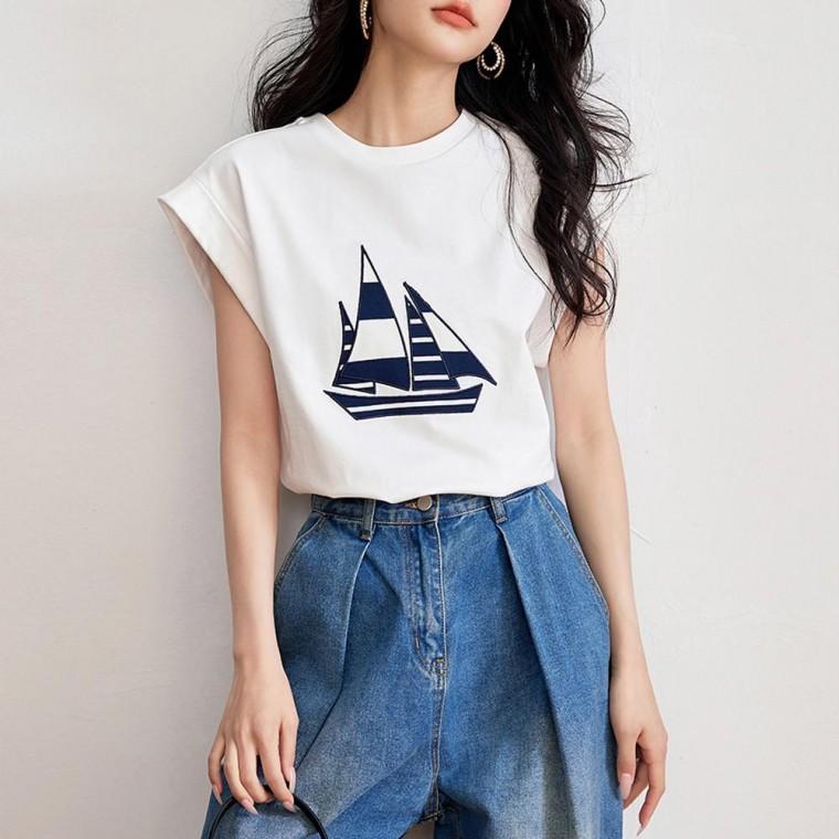 마린룩 캡소매 라운드티셔츠 스트라이프 블라우스 여름티셔츠