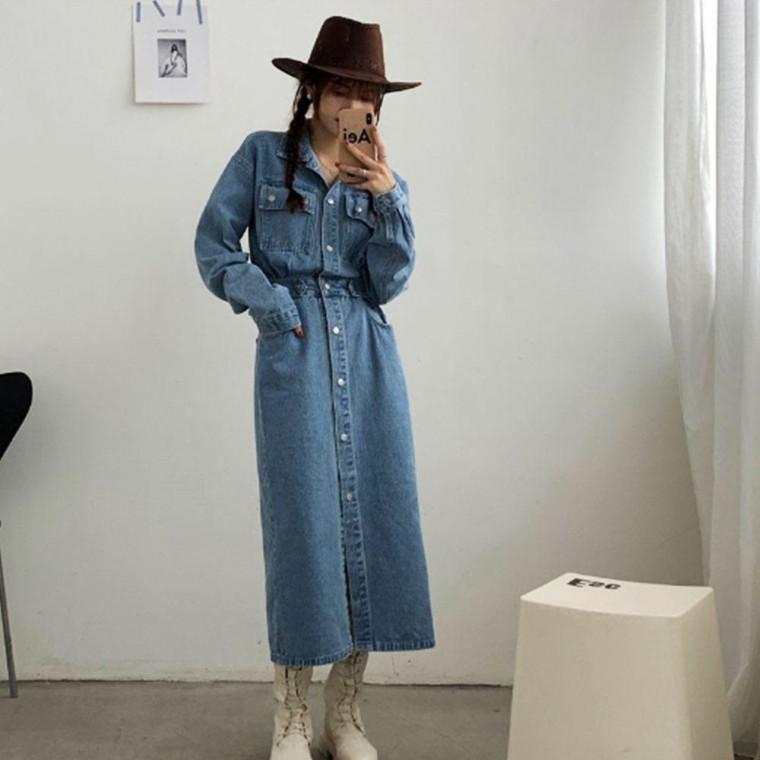 오버핏 롱원피스 캐주얼 데님셔츠 와이드 청 원피스