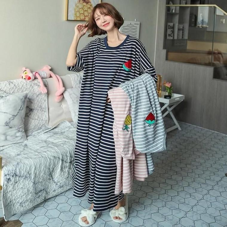 여성실내복 루즈핏 줄무늬 패턴 홈웨어 롱 반팔원피스