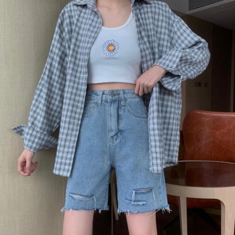 데미지 워싱 디테일 하이웨이스트 데님 하프 청반바지