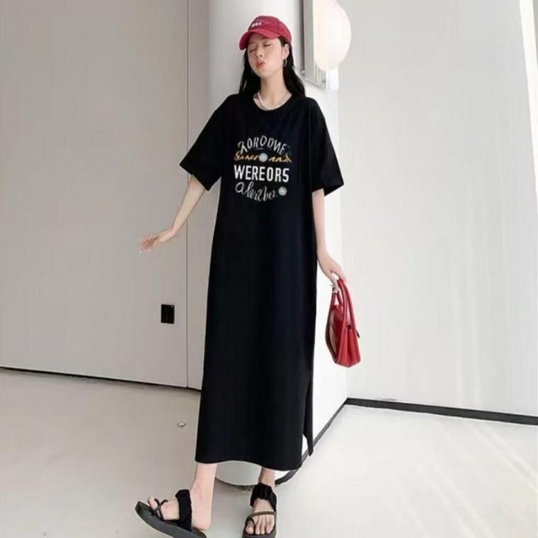 활용도좋은 영문 레터링 포인트 오버핏 반팔 롱원피스