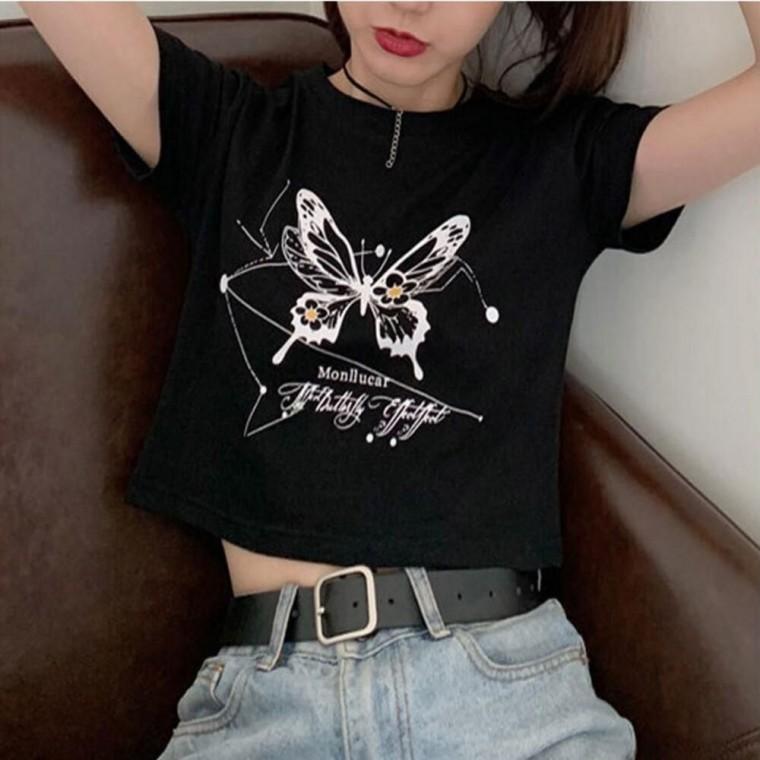 나비 프린팅 포인트 데일리 아이템 여성 크롭 반팔 티