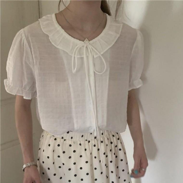 카라블라우스 프릴 블라우스 카라 리본