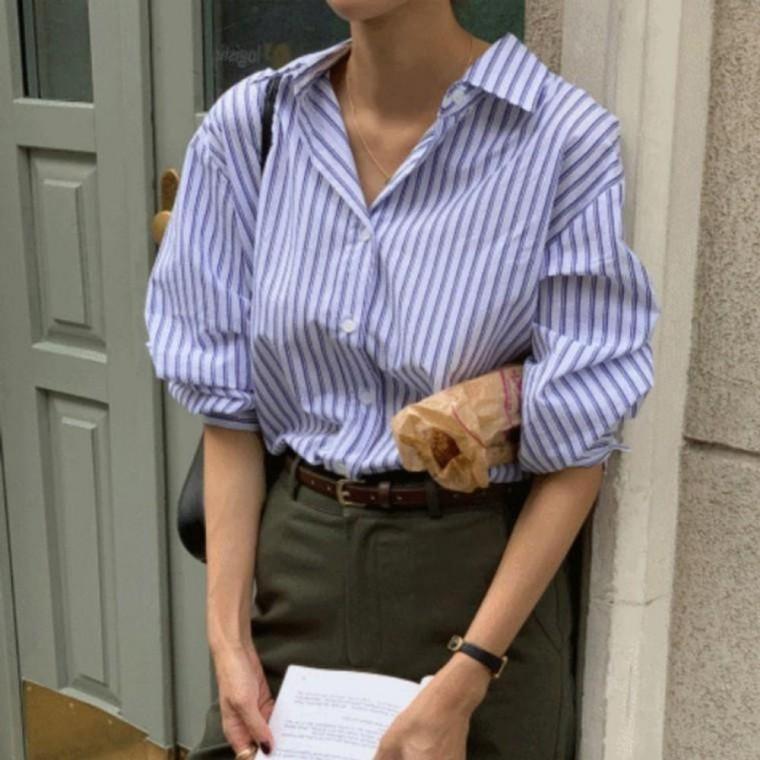 페미닌룩 데일리룩 무드 파리 셔츠 클래식 스트라이프