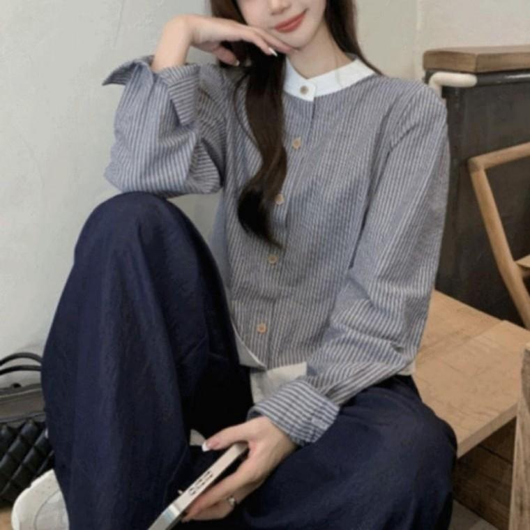 페미닌룩 데일리룩 블라우스 배색카라 스트라이프 클래식