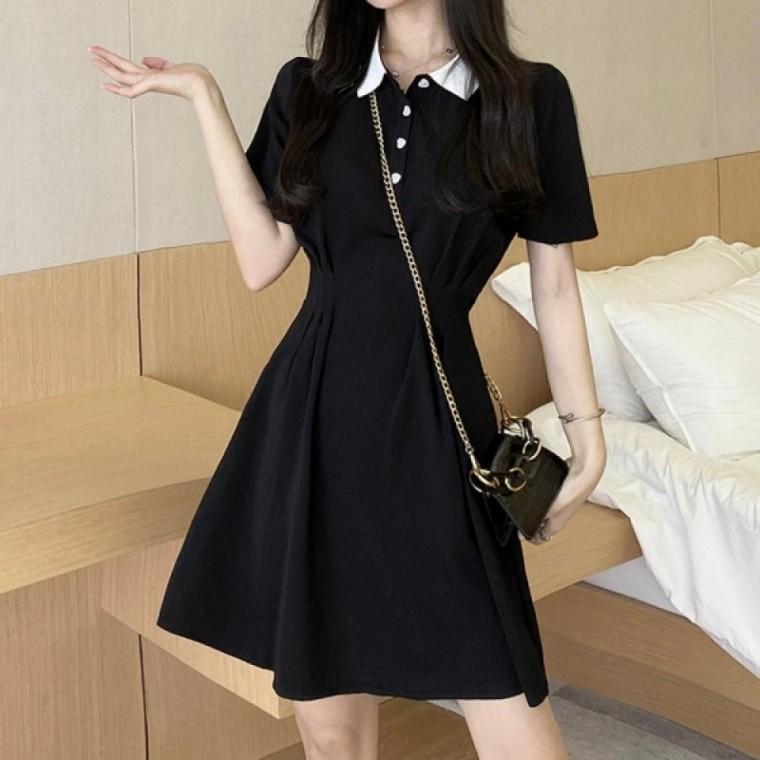 여성 데일리 여름 반팔 카라 패션 블랙 미니 원피스
