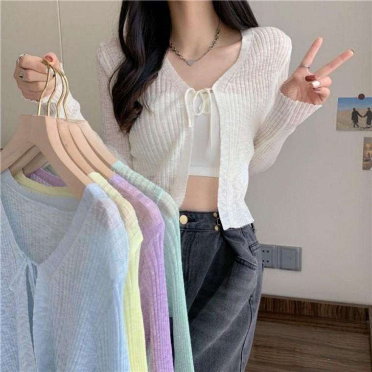 페미닌룩 데일리룩 시스루 골지 리본 오픈 가디건