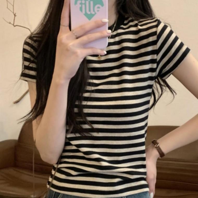 시원한 여름 여자 소재 스트라이프 반팔티 단가라 반팔 빅사이즈 면티