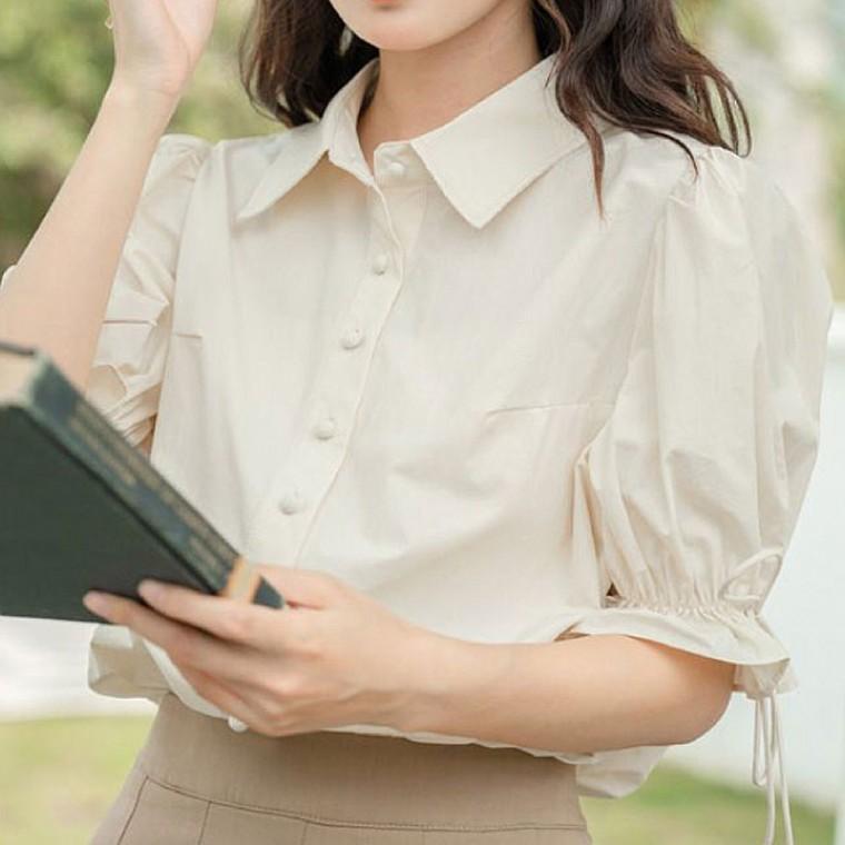 여성 퍼프소매 카라 스트링 밴딩 블라우스 셔츠