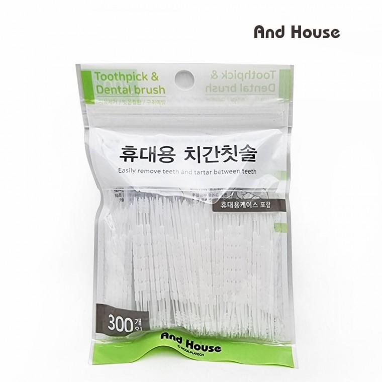 휴대용 치간칫솔 300p+휴대용케이스 대용량 일회용 미세모 치석제거 치간세정