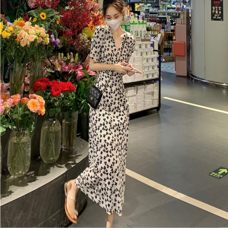 플라워원피스 크로바 브이넥 허리 조절끈 원피스 사무실 하객룩