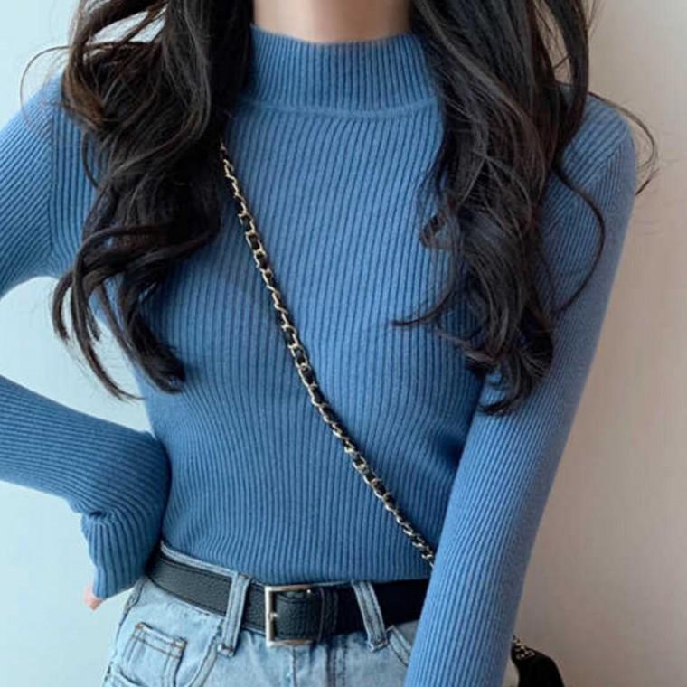 로브런 여성 긴소매 골지티 하이넥 반목 반폴라 이너 데일리 슬림핏 니트 티셔츠