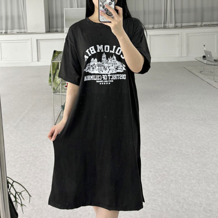 여성 루즈핏 프린팅 반팔 롱 원피스 여름 캐주얼 데일리 홈웨어