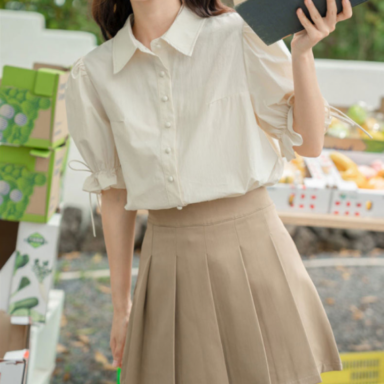 카라 퍼프소매 밴딩 스트링 반팔 셔츠 블라우스 여성 여름 데일리룩