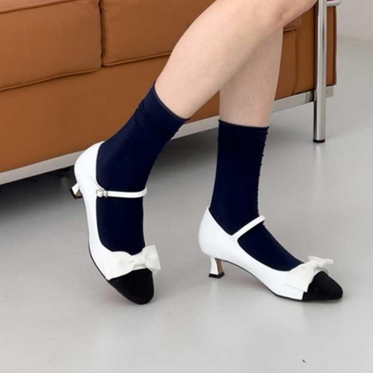 여성 대학생 소개팅 스트랩 리본 메리제인 배색 구두