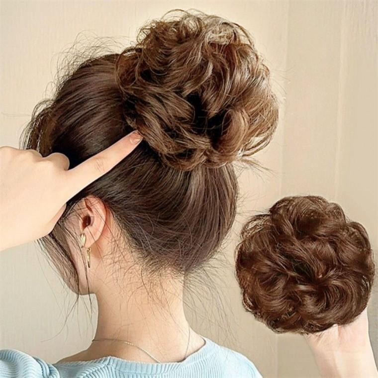 인모 가발 올림머리 똥머리 웨이브 곱창밴드 라이트브라운 로우번부분가발 만두머리 올림머리헤어망