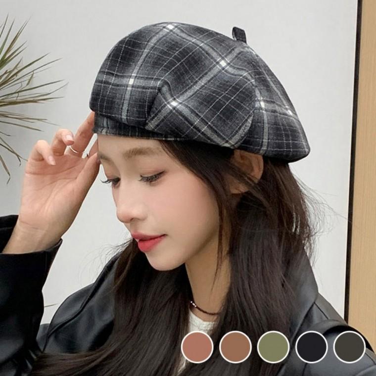 예쁜 빈티지 체크 패턴 포인트 간절기 패션 여성 베레모