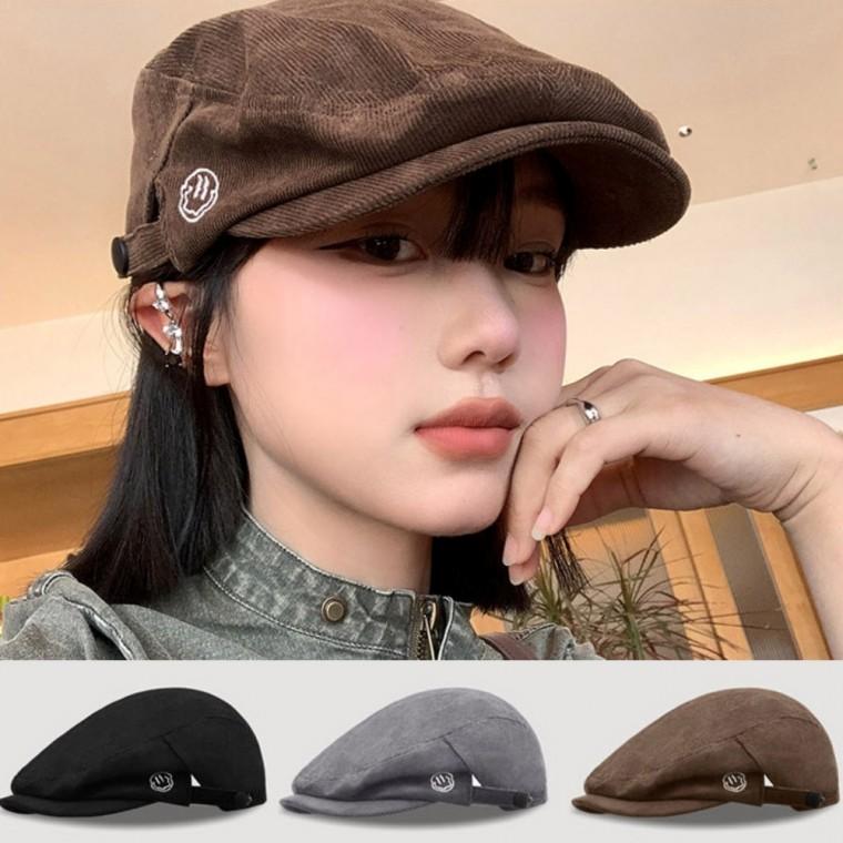 코듀로이 귀여운 스마일 자수 똑딱이 조절 헌팅캡