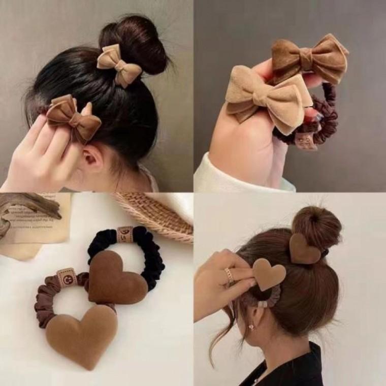 곱창밴딩 헤어 리본하트 머리끈 4set
