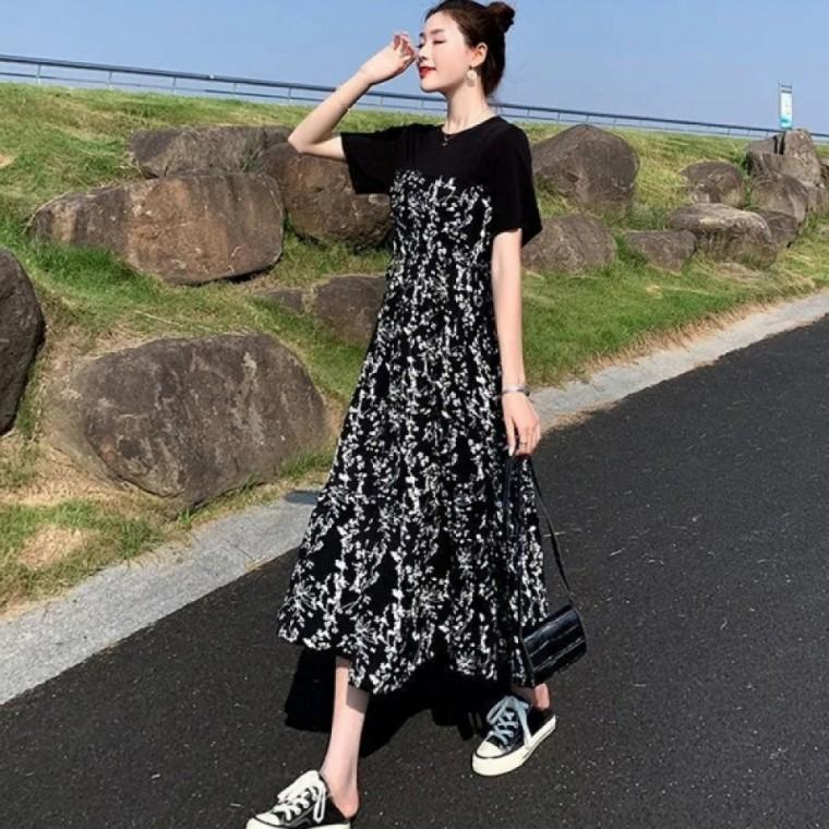 꽃무늬 패턴 일체형 레이어드 여자 하이웨스트 원피스