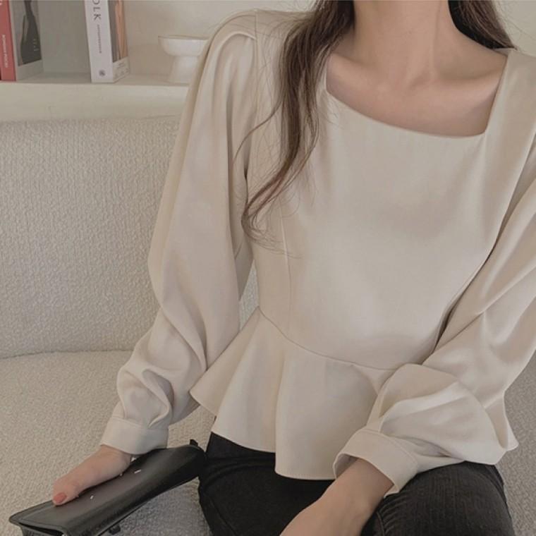 여자 스퀘어넥 셔링 포인트 레이스 긴팔 블라우스