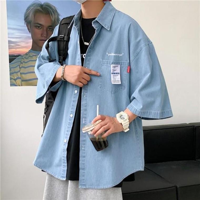 남성 여름 시원한 데일리 데님 청 셔츠