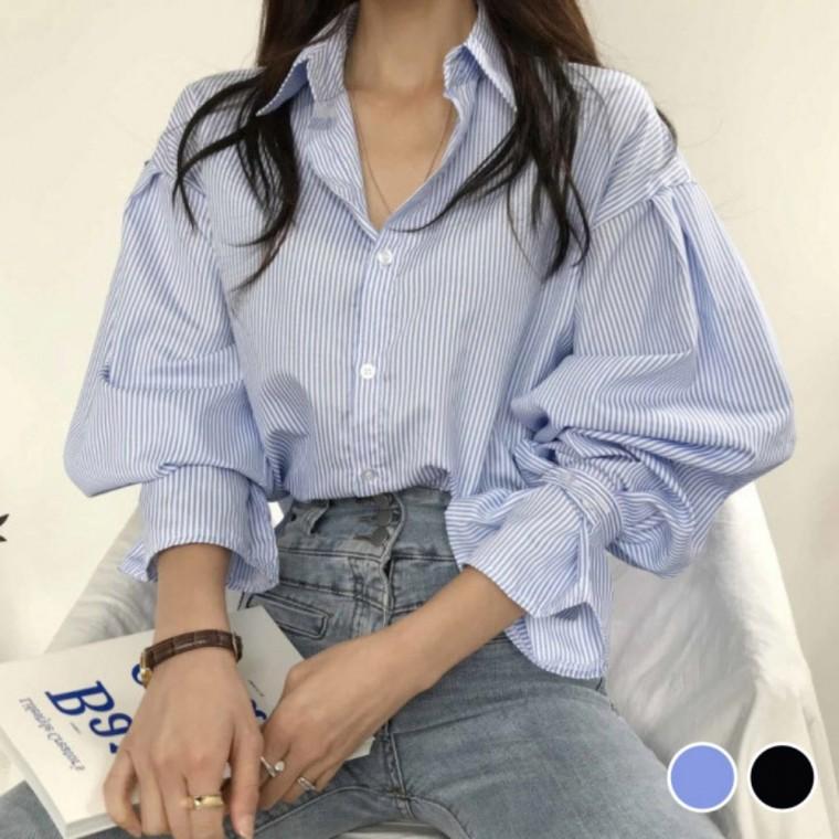 예쁜 스트라이프 패턴 넉넉한 루즈핏 패션 벌룬 카라 셔츠