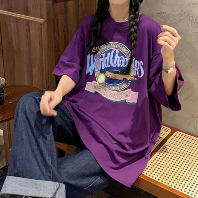 프린팅 레터링 여성 여름 라운드 반팔 티 셔츠 퍼플