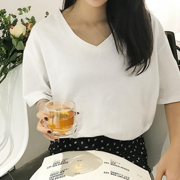 여성 여름 브이넥 무지 반팔 기본 티 셔츠 화이트