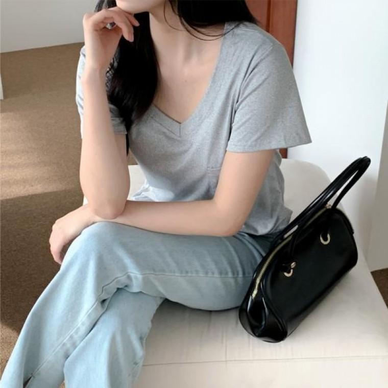 포켓 반팔 면티 V넥 라운드 둥근밑단 여성 티셔츠