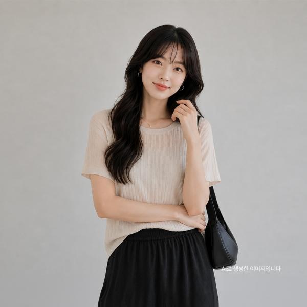 CPP 5002 여자 시스루 라운드 골지 얇은 반팔 니트