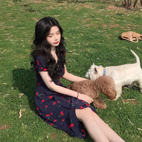 여성 체리 디자인 패턴 데일리 롱 원피스 SSH-269