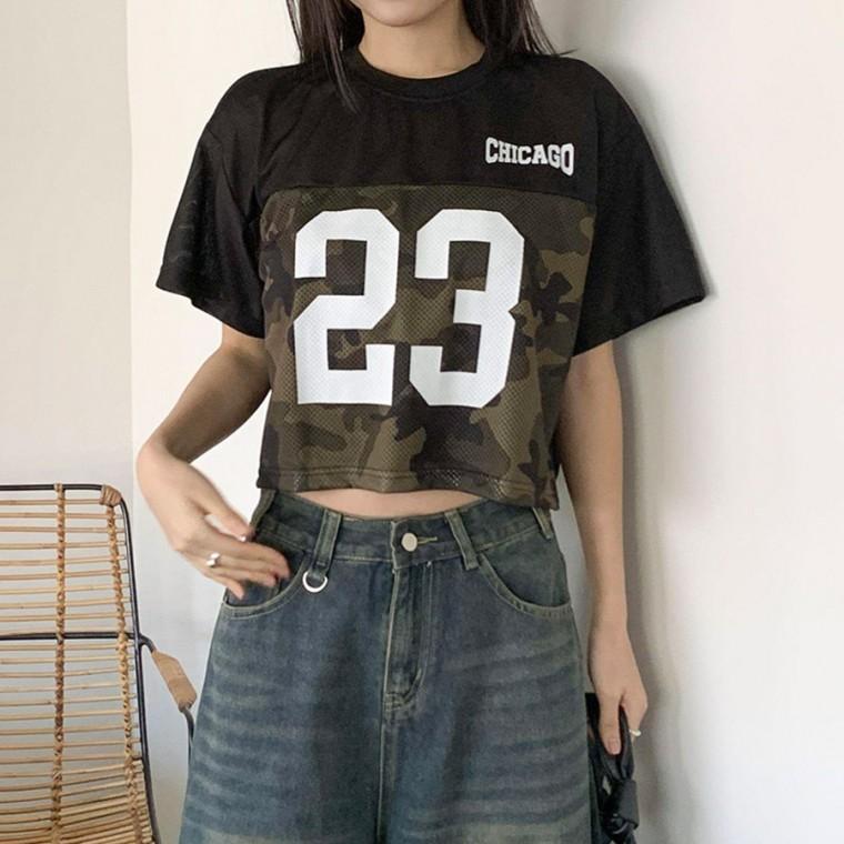 빅사이즈 시카고 매쉬 크롭 티셔츠